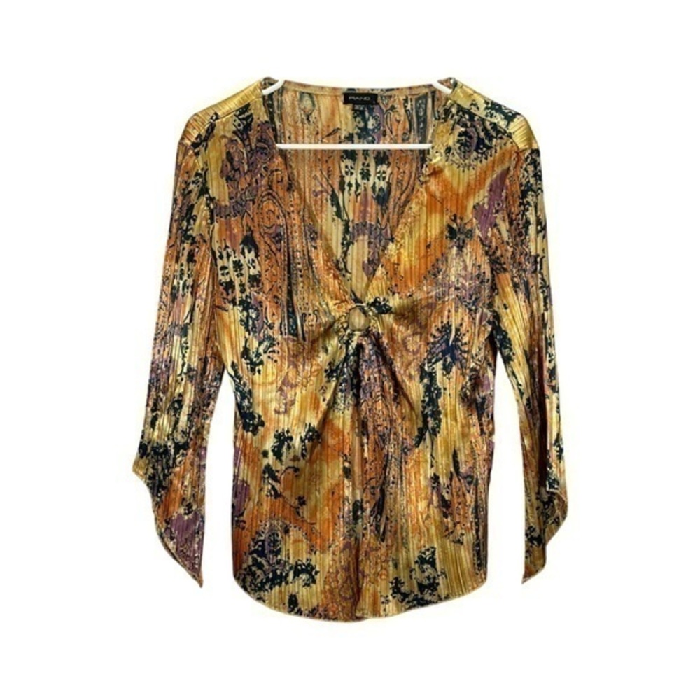 Vintage 90s Y2K Style Piano Women’s Orange Abstract Print Satin V Neck Blouse